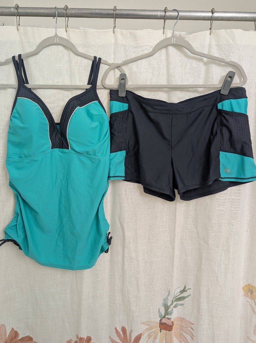 Free Country Modest Tankini Swim Set XL Teal Black Swim Shorts Built In Bra